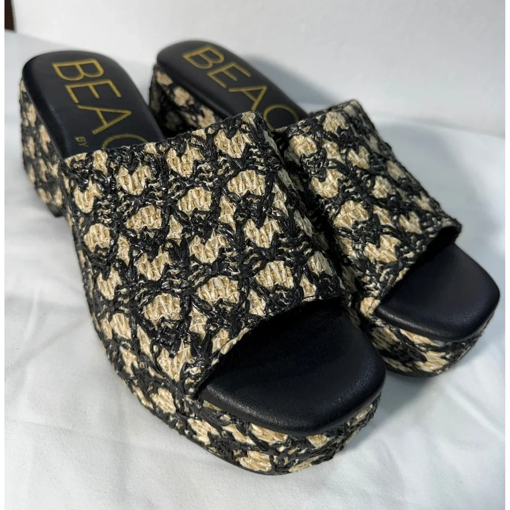 Beach by Matisse Womens 8M Platform Slide Sandals Black Natural Woven Raffia
